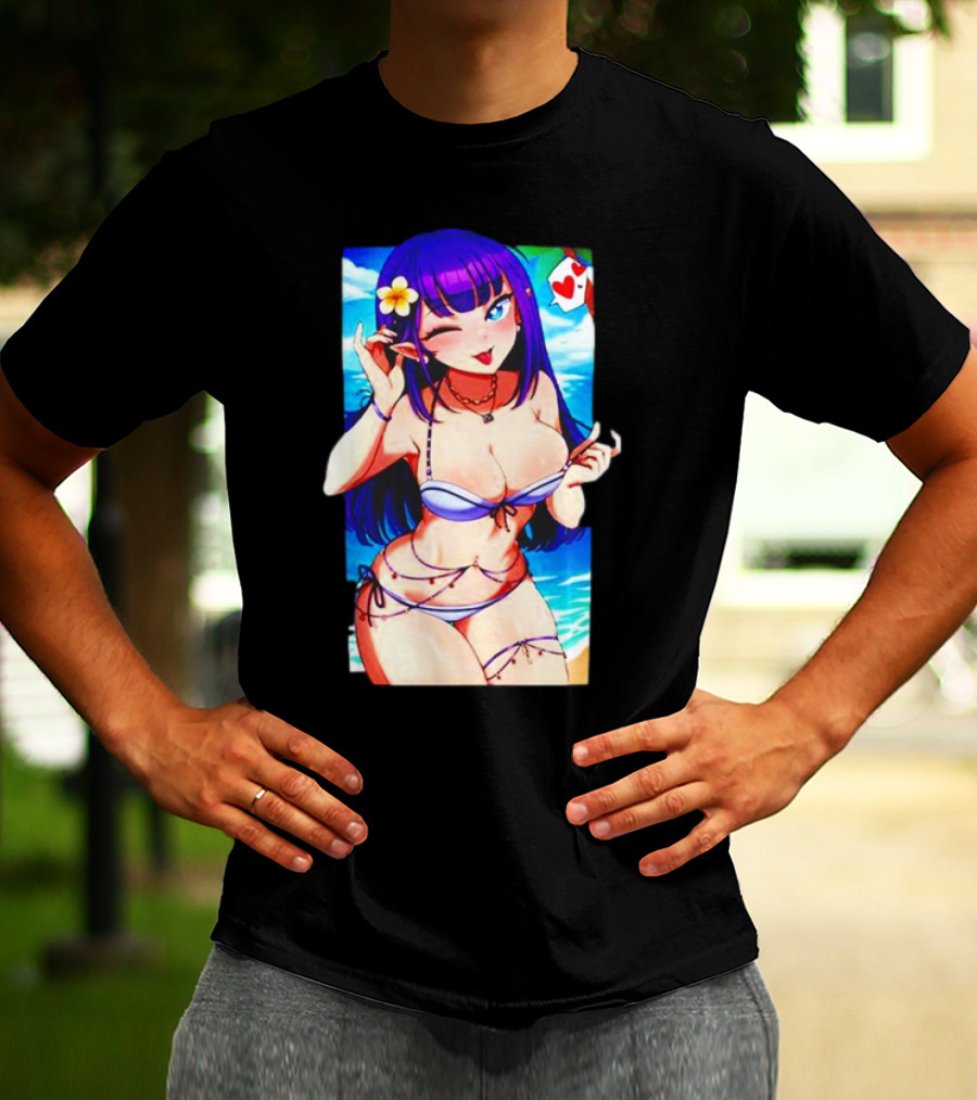 Hot Waifu Chika Fujiwara V2 Beach Anime Girl Winking Playing Card Flower Bikini T-Shirt