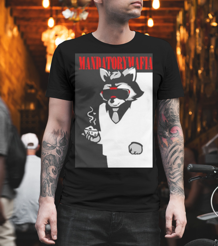 MANDATORY MAFIA RACCOON WITH COFFEE IN SUIT AND SUNGLASSES T-Shirt