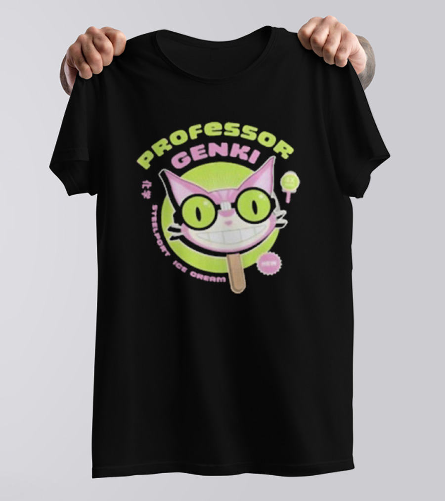 Professor Genki Steelport Ice Cream Cat Neon Green Pink Fun T-Shirt