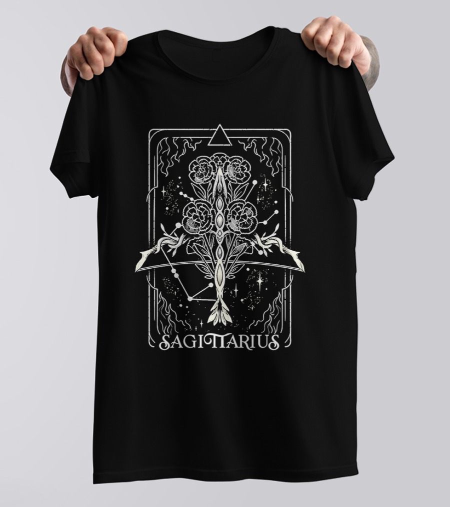 Sagittarius Zodiac Card With Astrological Floral Symbol And Star Constellation T-Shirt