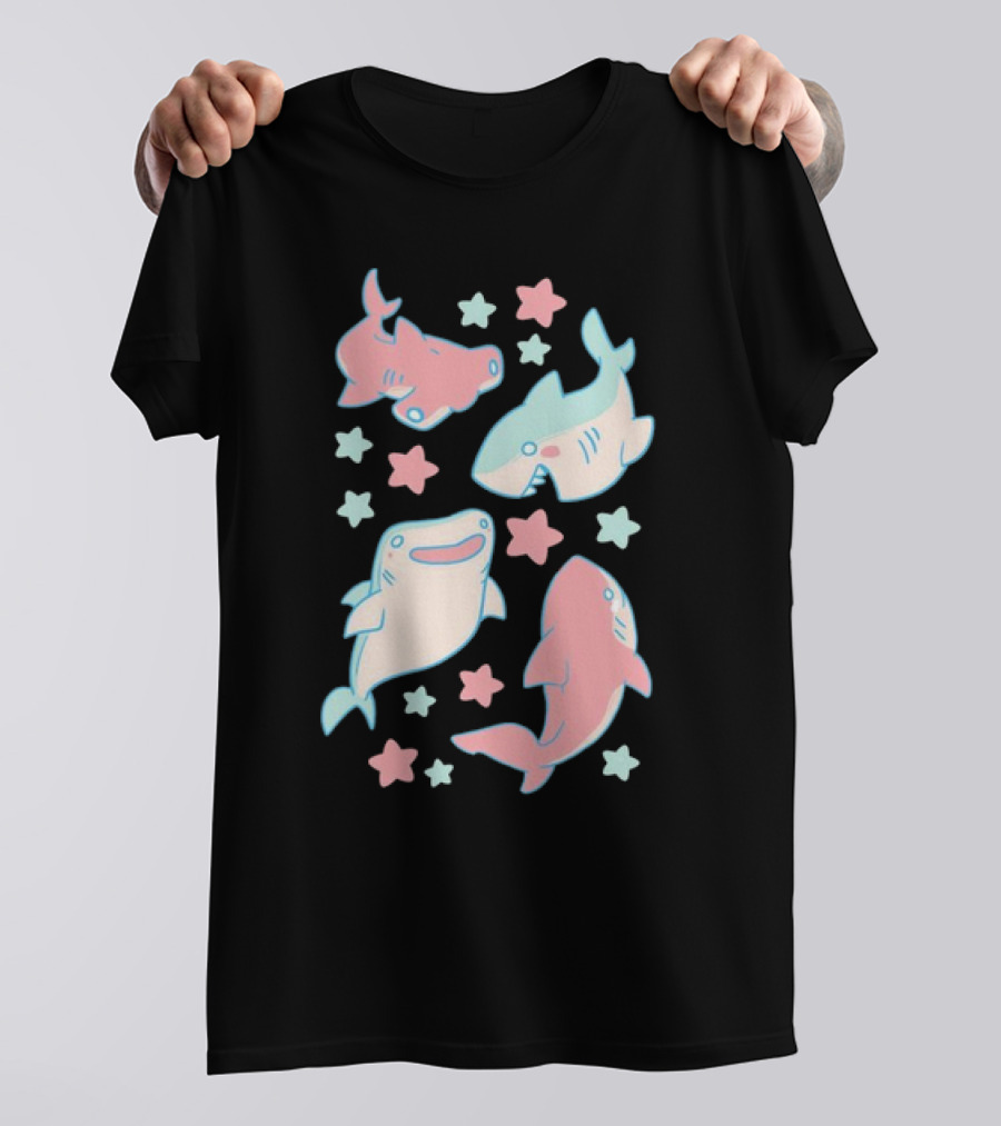 Happy Cartoon Sharks And Stars T-Shirt