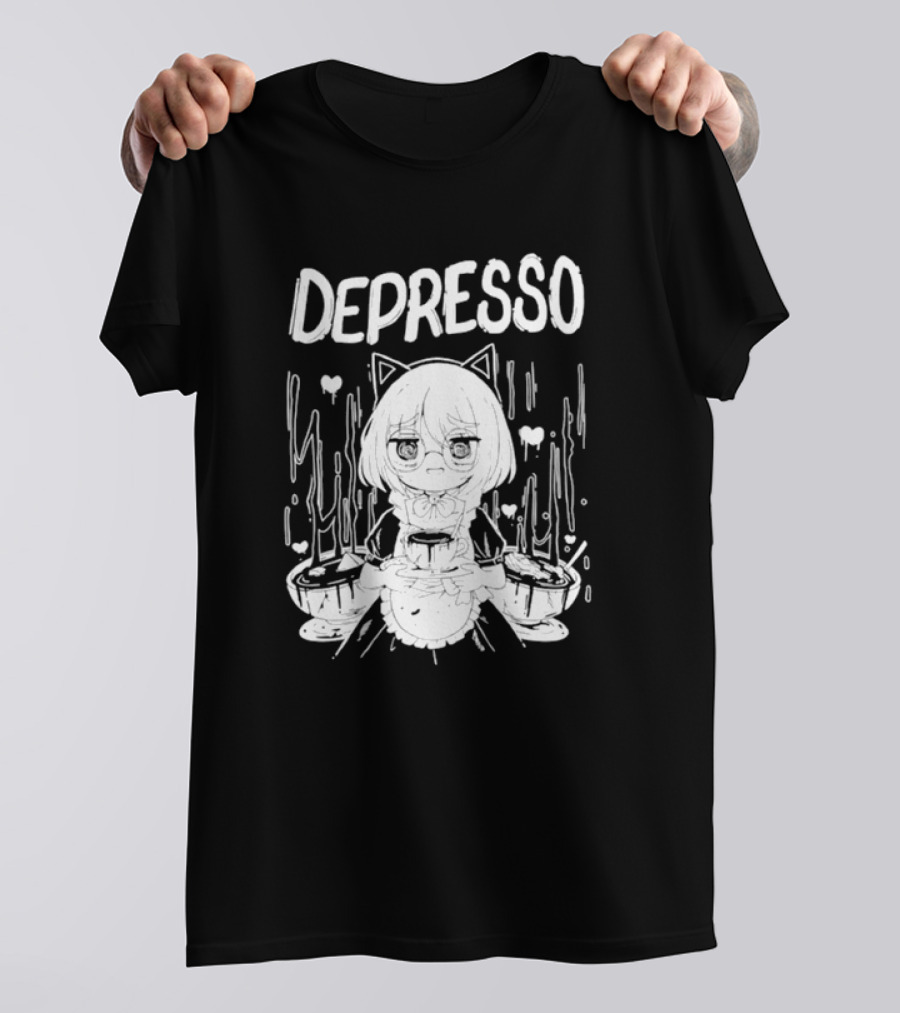Depresso Cat-Eared Maid With Coffee Cups And Sad Expression T-Shirt