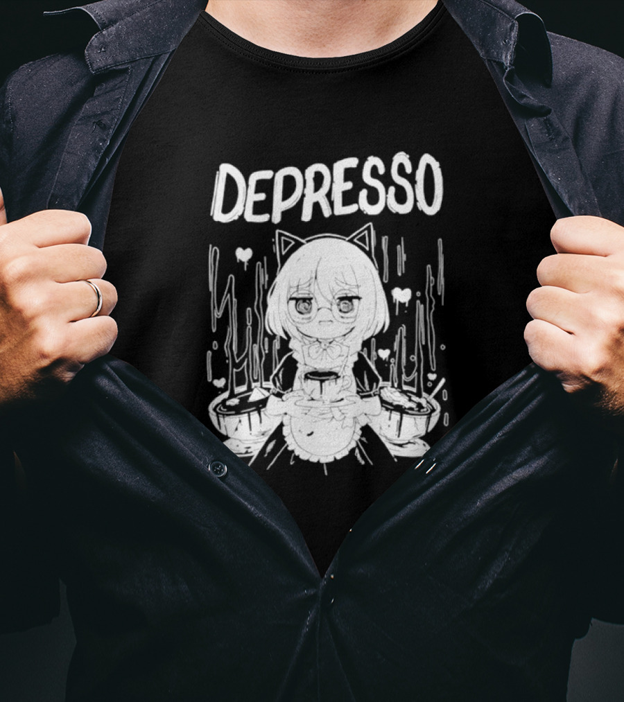 Depresso Cat-Eared Maid With Coffee Cups And Sad Expression T-Shirt