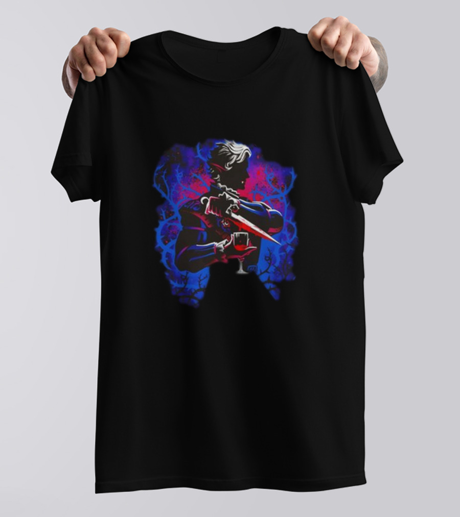 High Elf Vampire Dark Fantasy Silhouette With Dagger And Wine Glass T-Shirt