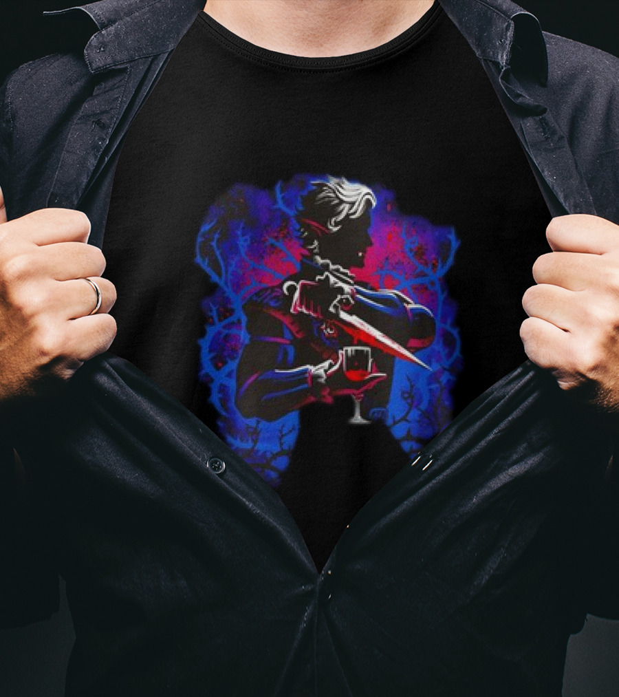 High Elf Vampire Dark Fantasy Silhouette With Dagger And Wine Glass T-Shirt