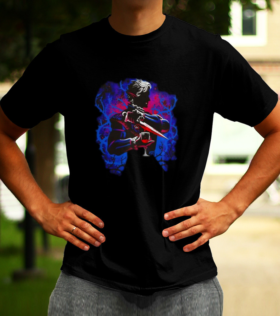 High Elf Vampire Dark Fantasy Silhouette With Dagger And Wine Glass T-Shirt