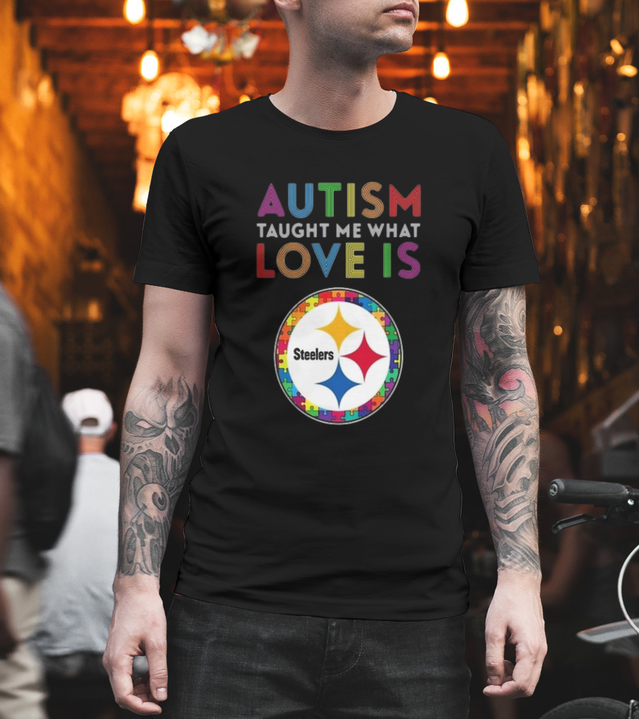 Autism Taught Me What Love Is Pittsburgh Steelers Puzzle T-Shirt