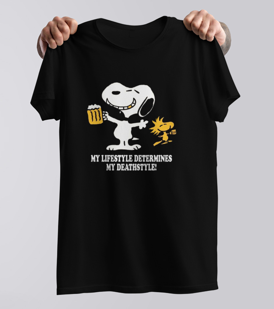 Snoopy And Woodstock Holding Beer My Lifestyle Determines My Deathstyle T-Shirt