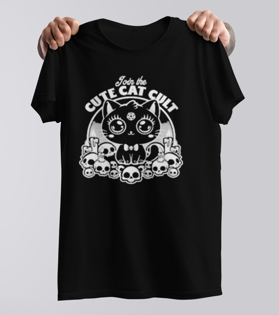 Join The Cute Cat Cult Black And White Skull Cat Surrounded By Skulls T-Shirt