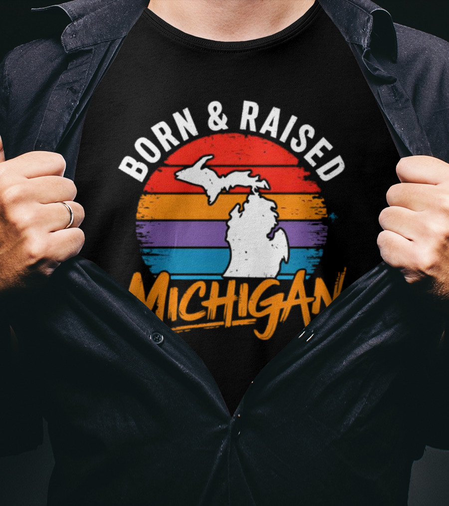 Born And Raised Michigan Vintage Sunset Map Stripes T-Shirt