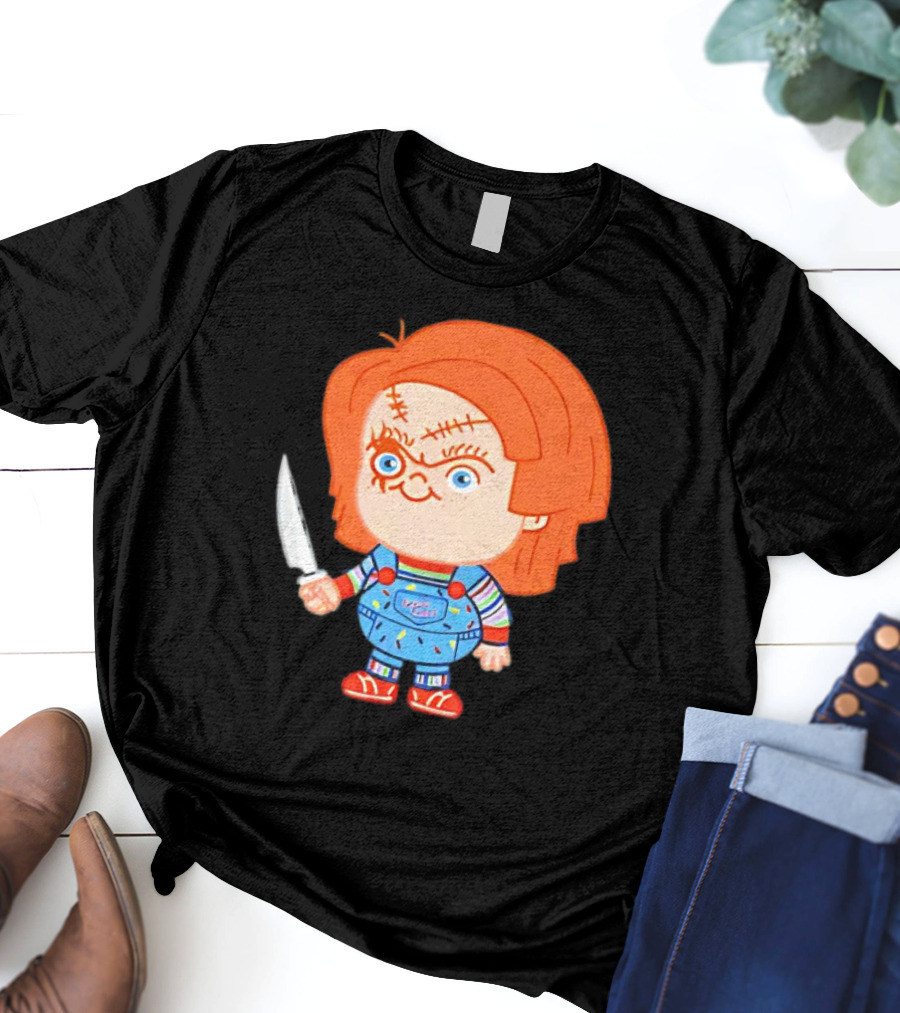 Chucky Evil Doll With Knife In Striped Lovely Overalls T-Shirt