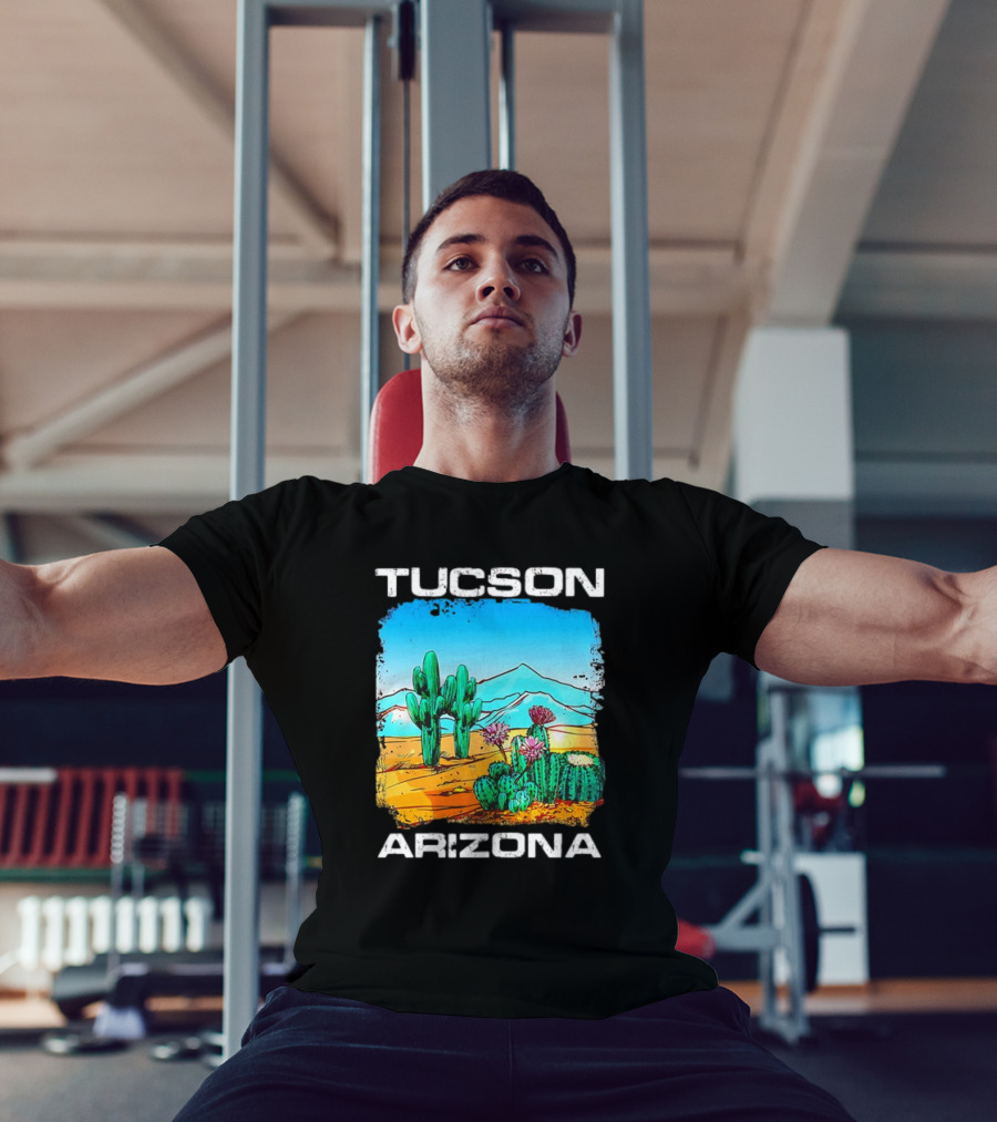 Tucson Arizona Retro Desert Scene With Cactus And Mountains T-Shirt