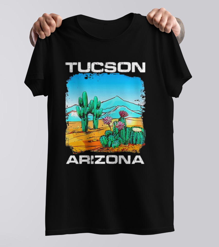 Tucson Arizona Retro Desert Scene With Cactus And Mountains T-Shirt