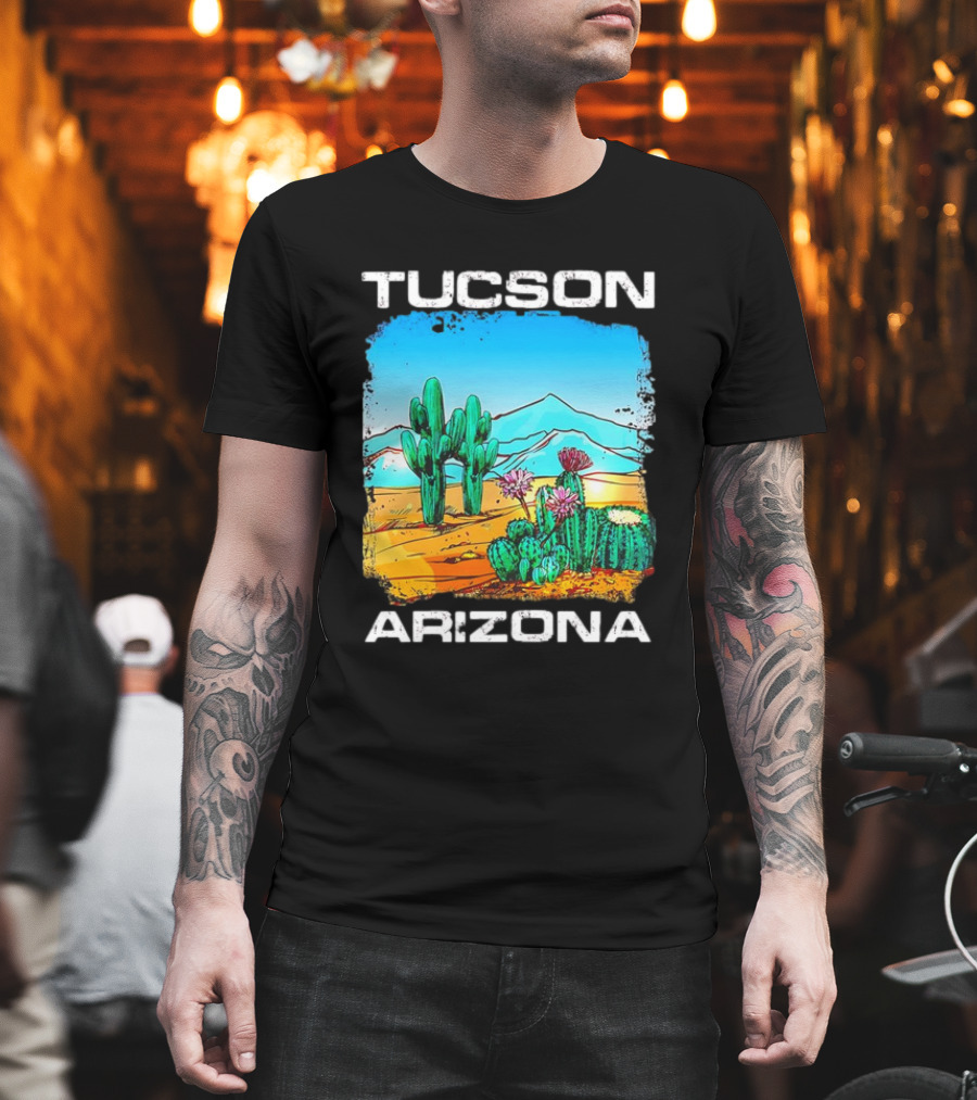 Tucson Arizona Retro Desert Scene With Cactus And Mountains T-Shirt
