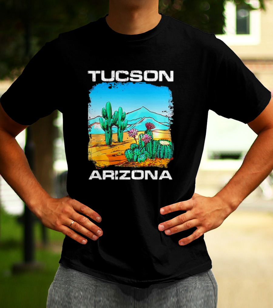 Tucson Arizona Retro Desert Scene With Cactus And Mountains T-Shirt