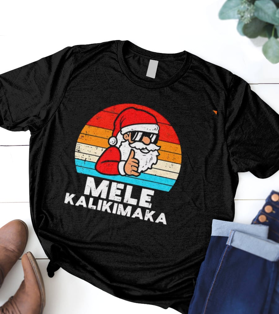 Santa Mele Kalikimaka Christmas Vintage Retro Sunset Thumbs Up T-Shirt