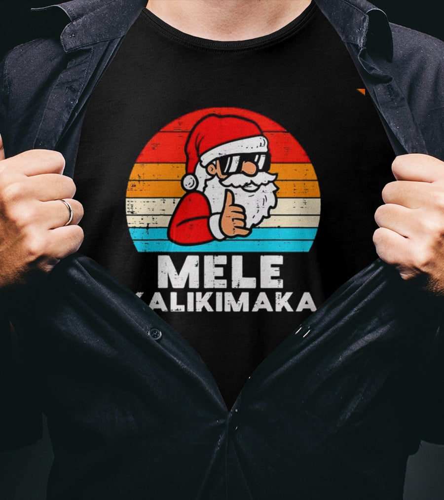 Santa Mele Kalikimaka Christmas Vintage Retro Sunset Thumbs Up T-Shirt
