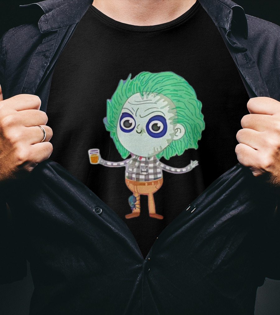 Beetlejuice Ghost Exorcist Cartoon Character With Drink T-Shirt