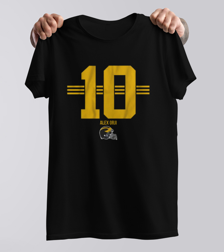 Michigan Football Alex Orji 10 Helmet Stripe T-Shirt