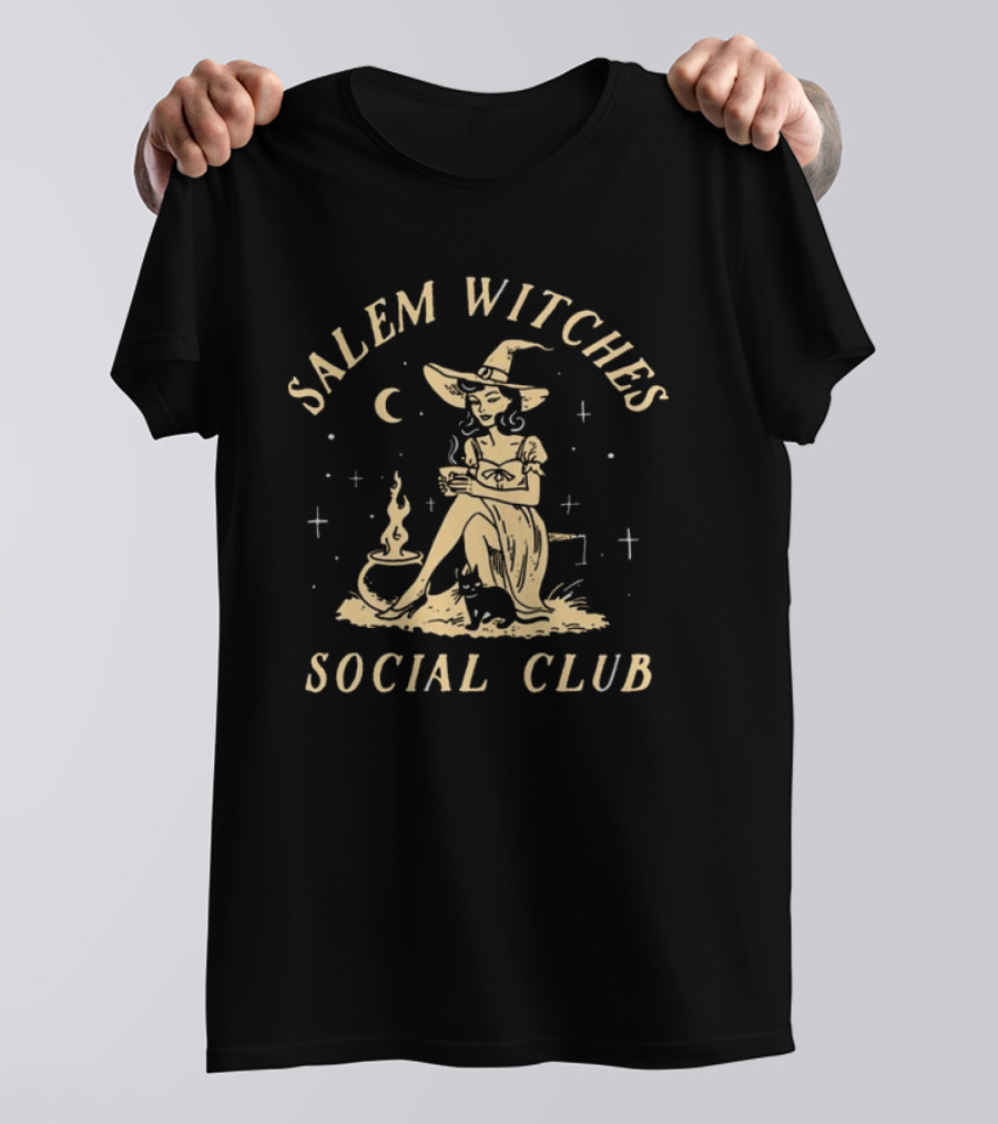 Salem Witches Social Club Moonlit Gathering With Cauldron And Cat T-Shirt
