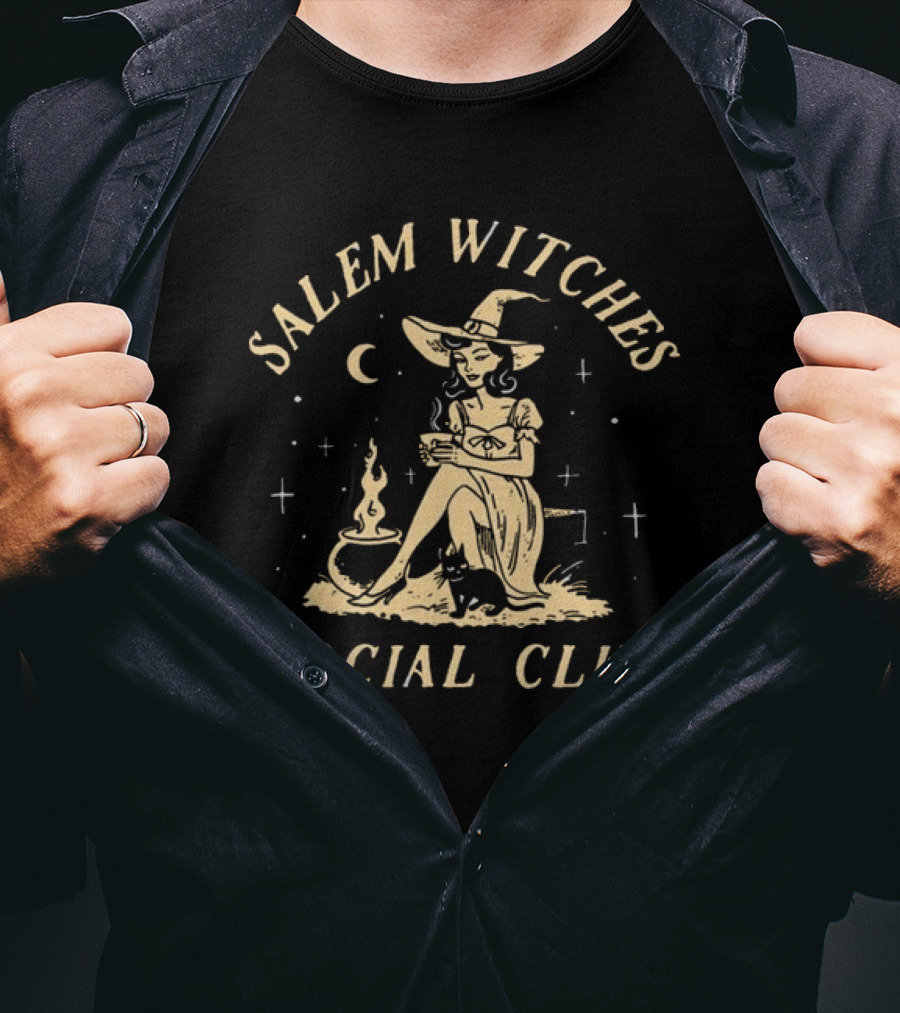 Salem Witches Social Club Moonlit Gathering With Cauldron And Cat T-Shirt