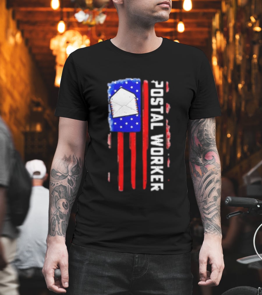 Postal Worker American Flag Envelope Stars Stripes Patriotic Postman Rural Carrier T-Shirt