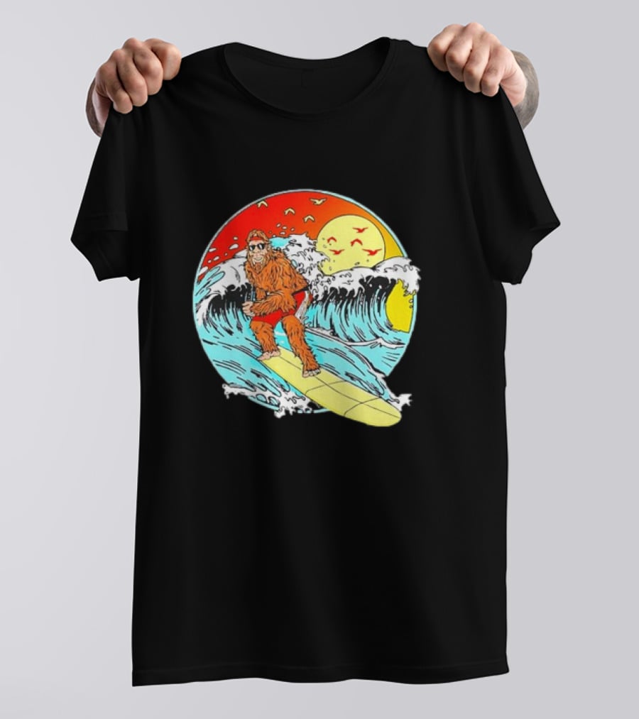 Bigfoot Surfing Sasquatch Retro 80s Beach Waves Sun Fun T-Shirt