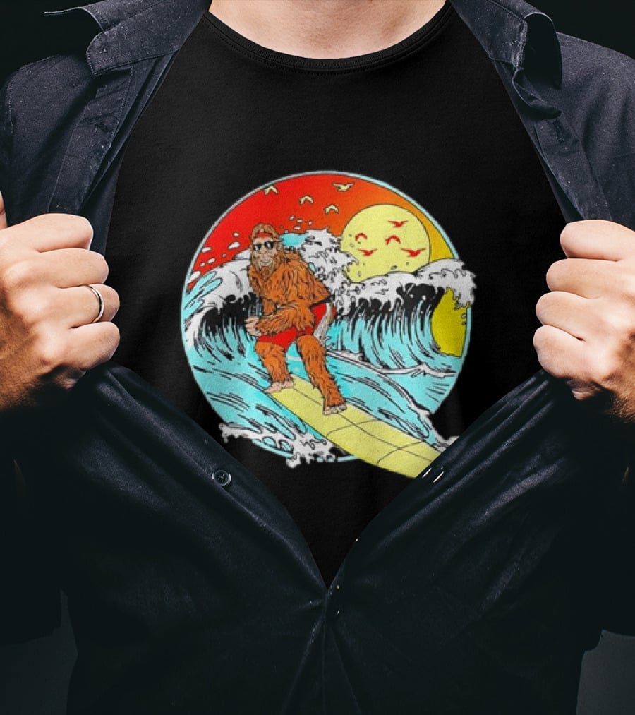 Bigfoot Surfing Sasquatch Retro 80s Beach Waves Sun Fun T-Shirt