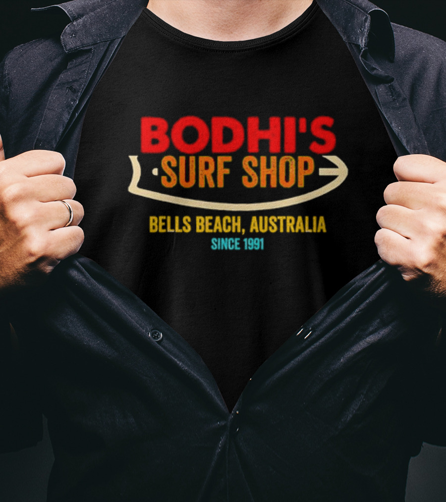 Bodhi's Surf Shop Bells Beach Australia Retro Surfboard Since 1991 T-Shirt