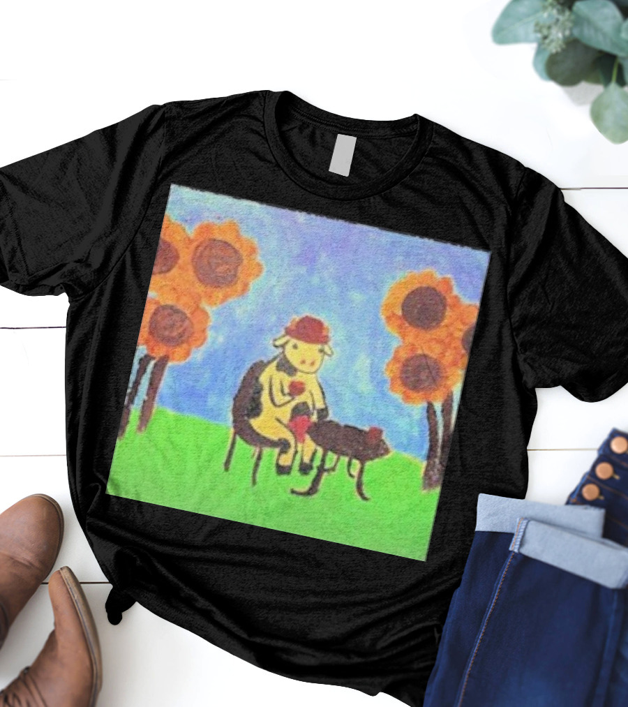 Leanbeeftees Tea Time Cow In Hat With Sunflowers T-Shirt