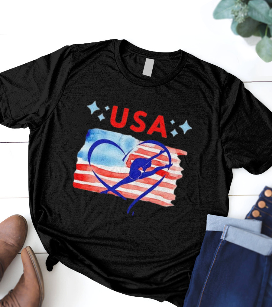 USA Patriotic American Flag Heart Gymnastics T-Shirt