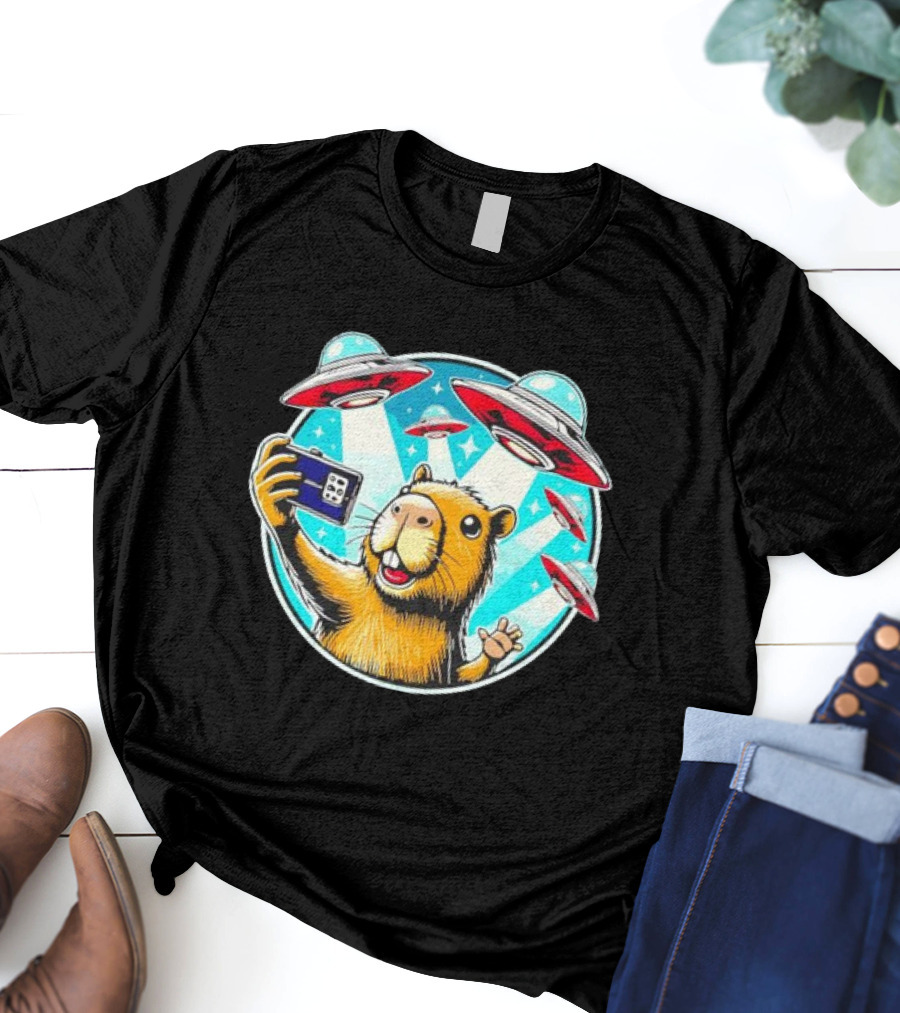 Capybara Taking Selfie With UFO Fleet Overhead T-Shirt