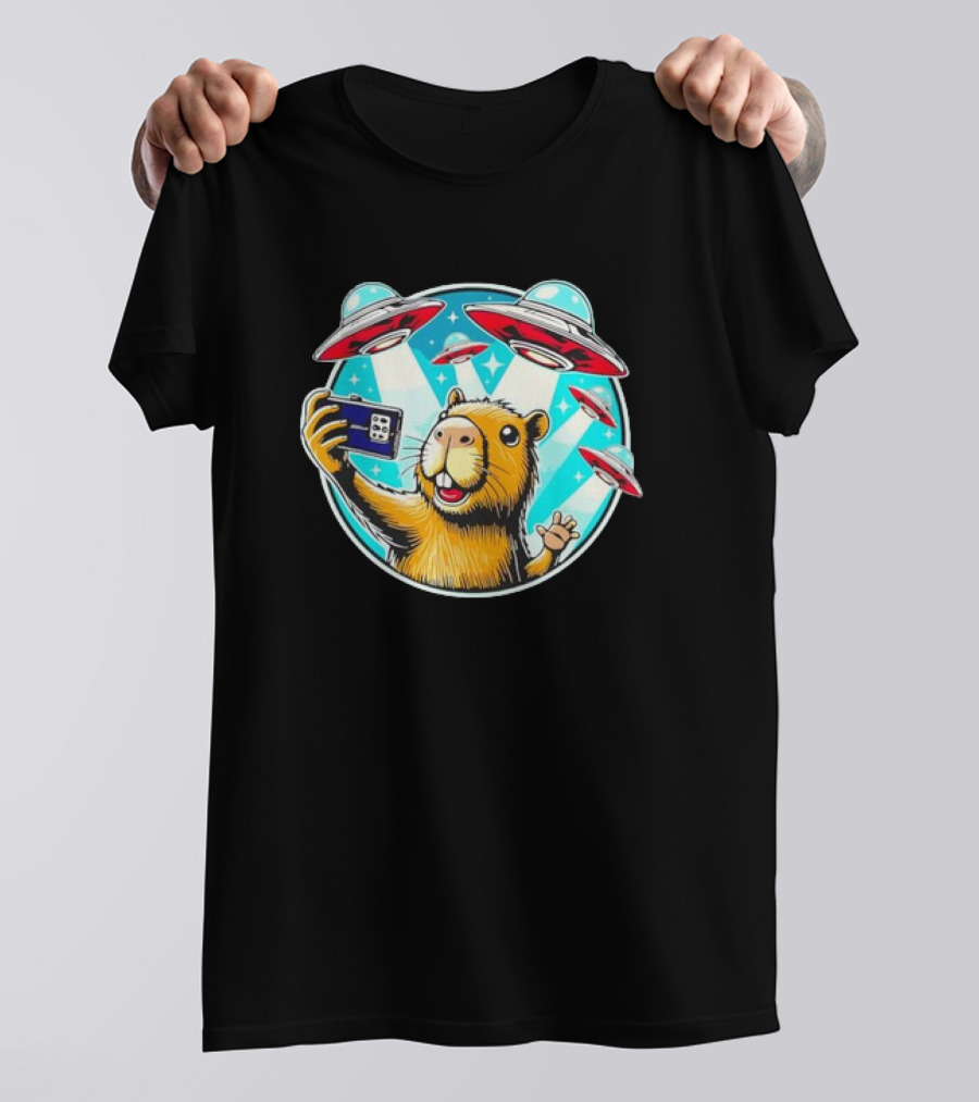 Capybara Taking Selfie With UFO Fleet Overhead T-Shirt