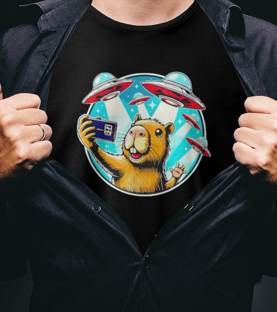 Capybara Taking Selfie With UFO Fleet Overhead T-Shirt