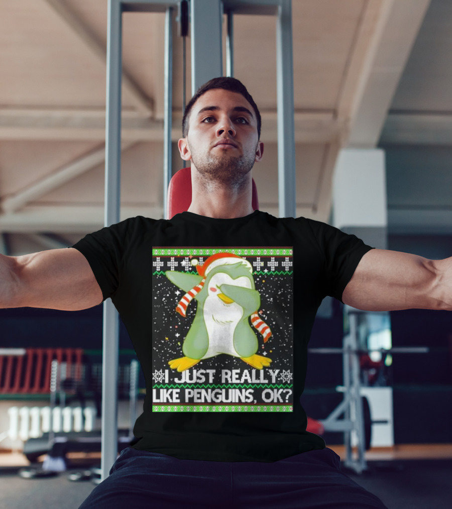 I Just Really Like Penguins Ok Ugly Christmas Cute Dabbing Penguin T-Shirt
