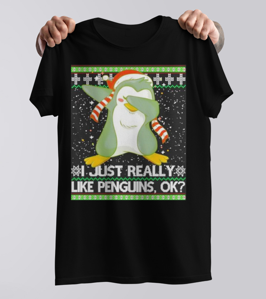 I Just Really Like Penguins Ok Ugly Christmas Cute Dabbing Penguin T-Shirt