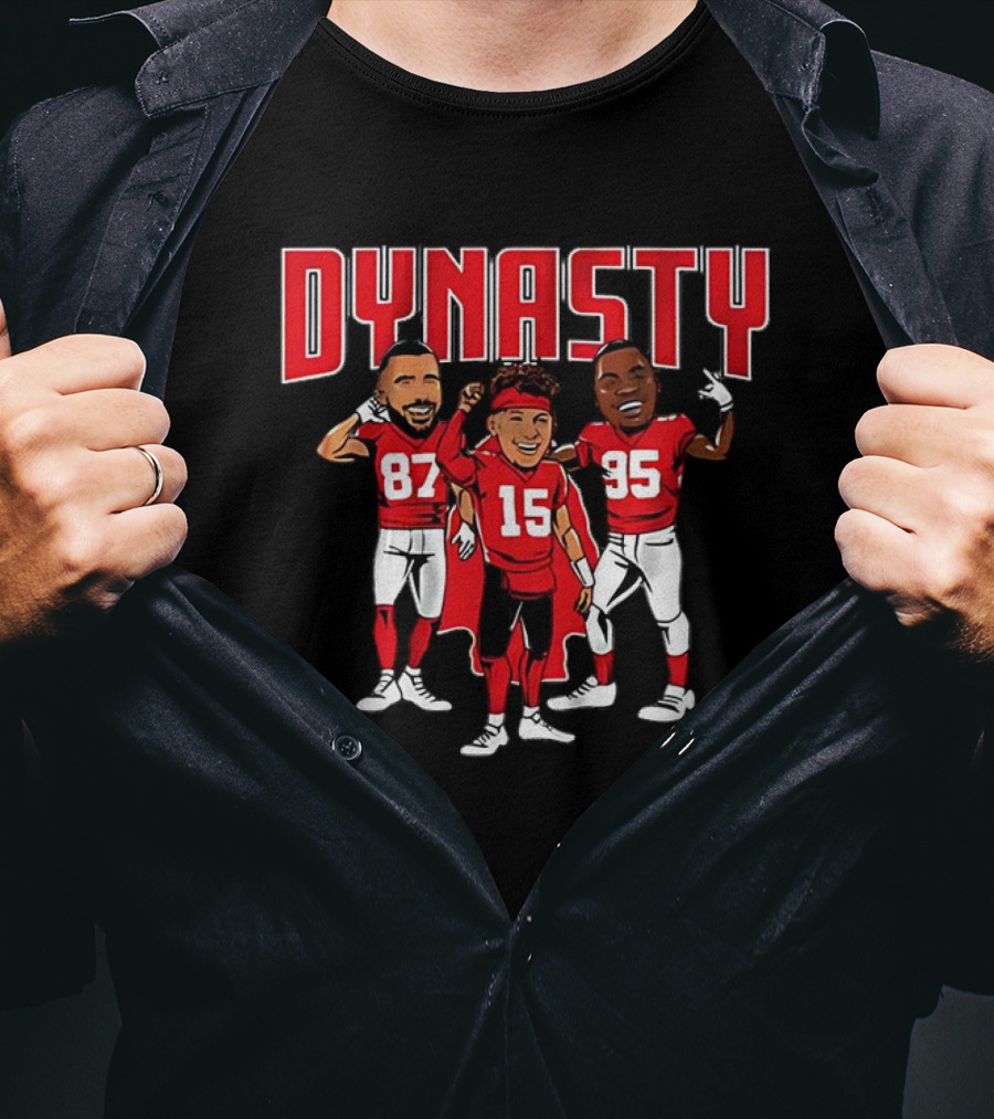 Mahomes Kelce Jones 87 15 95 Dynasty Kansas City Caricatures T-Shirt