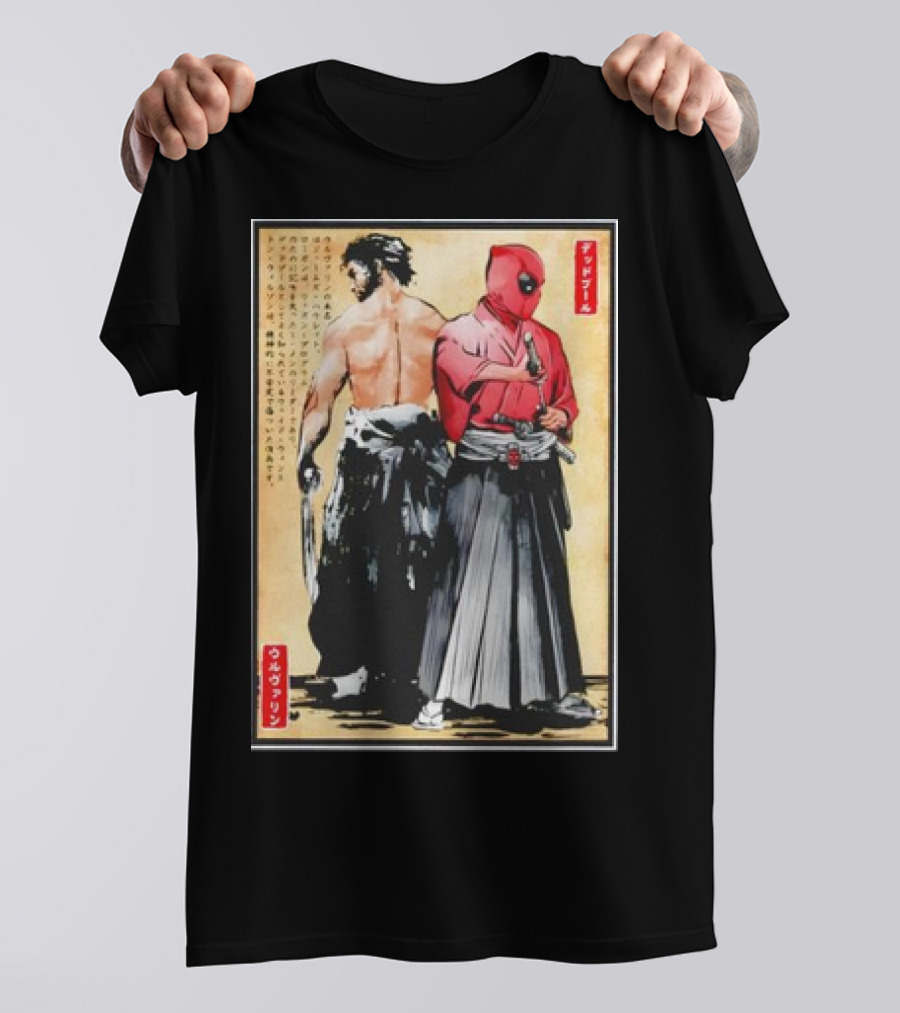 Mutant Samurai And Red Ronin Deadpool Wolverine Woodblock T-Shirt