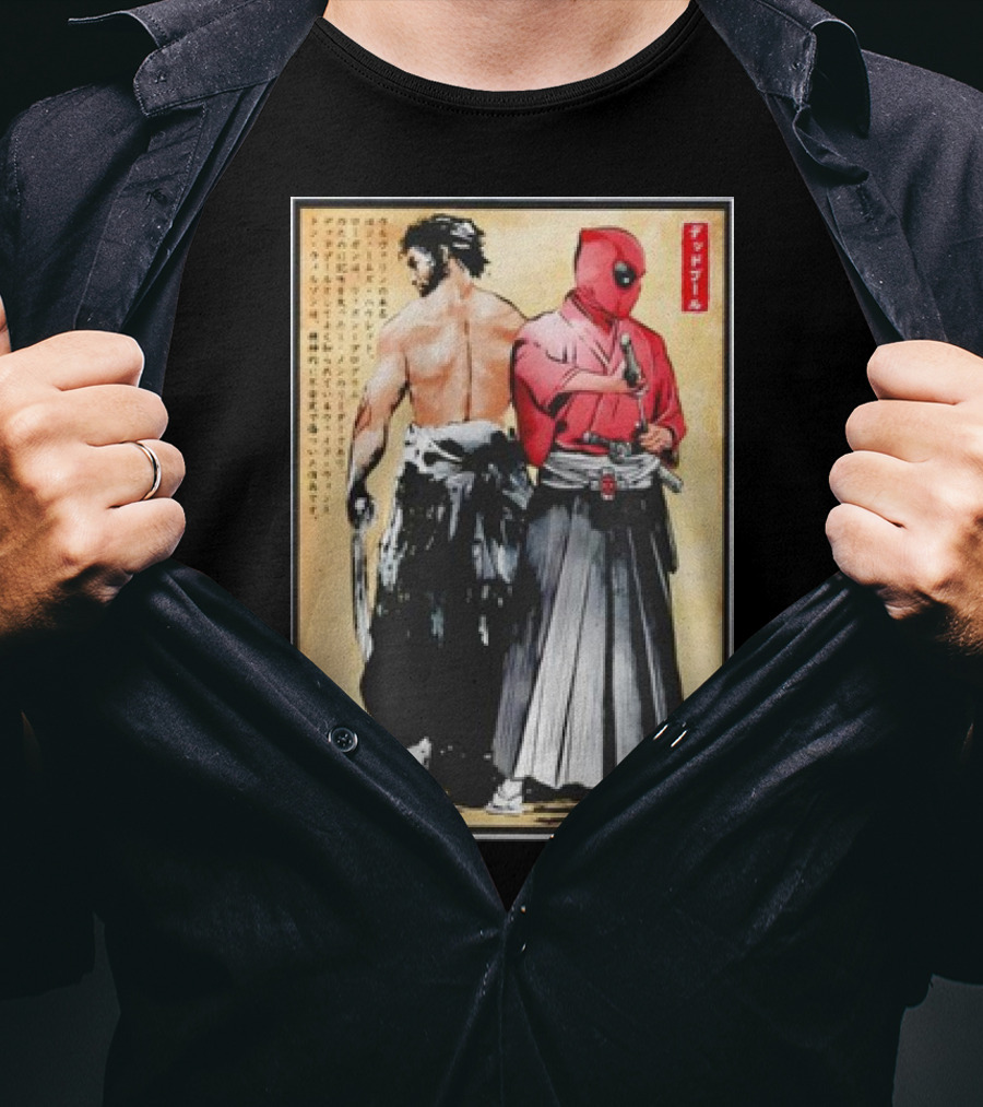 Mutant Samurai And Red Ronin Deadpool Wolverine Woodblock T-Shirt