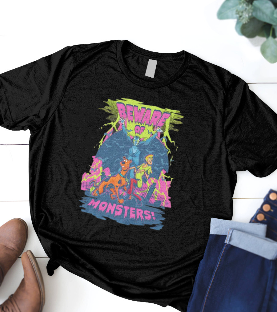 Beware Of Monsters Scooby Doo And Shaggy In Haunted Scene T-Shirt