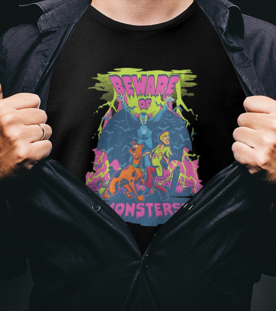 Beware Of Monsters Scooby Doo And Shaggy In Haunted Scene T-Shirt