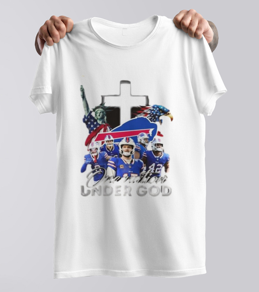 Buffalo Bills One Nation Under God American Flag Eagle Cross Statue Of Liberty Football Players T-Shirt