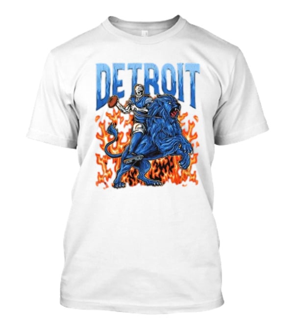 Detroit Lions Skeleton Quarterback Riding Flaming Blue Lion T-Shirt
