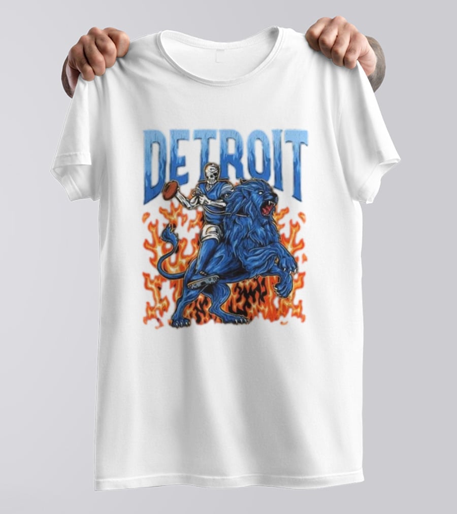 Detroit Lions Skeleton Quarterback Riding Flaming Blue Lion T-Shirt