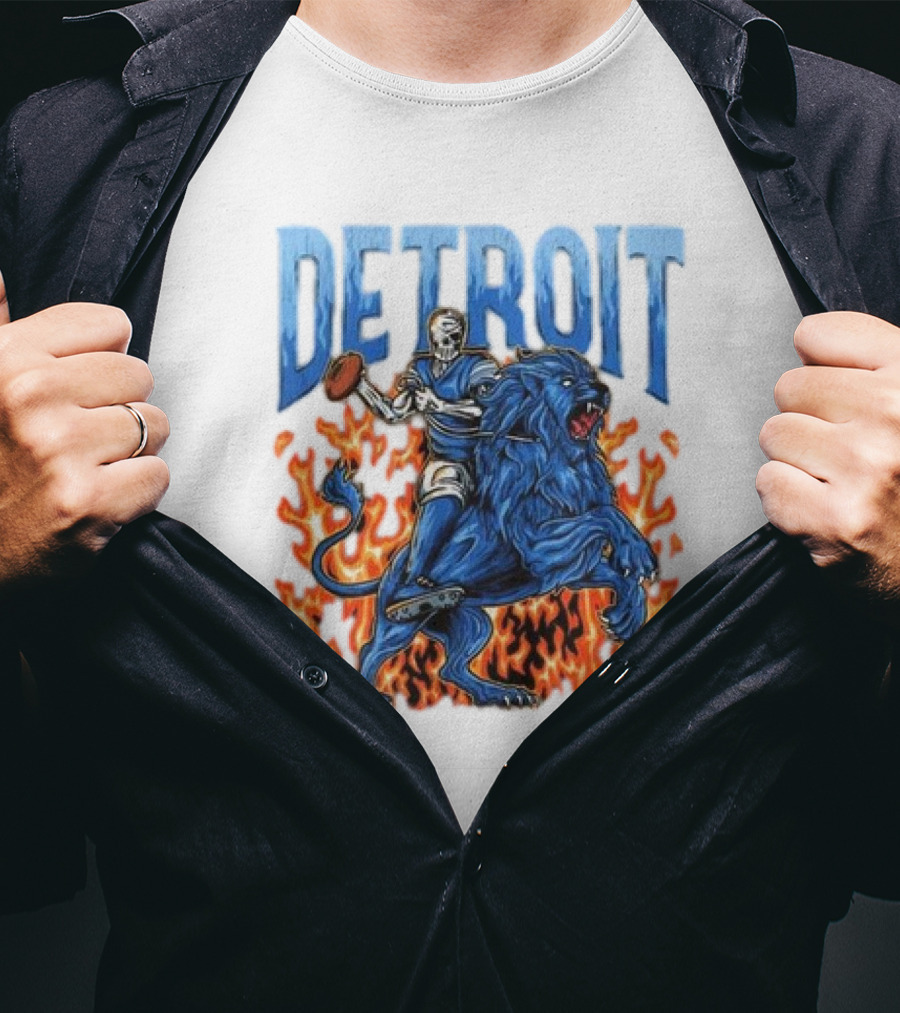 Detroit Lions Skeleton Quarterback Riding Flaming Blue Lion T-Shirt