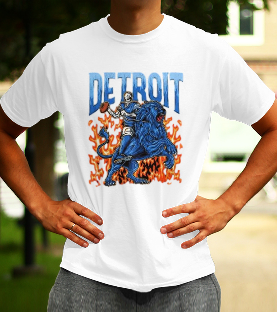 Detroit Lions Skeleton Quarterback Riding Flaming Blue Lion T-Shirt