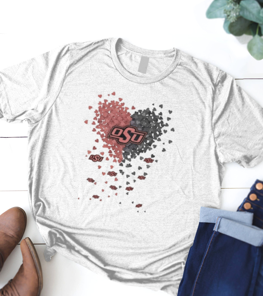 OSU Oklahoma State Cowboys Heart Design Filled With Red And Gray Hearts T-Shirt