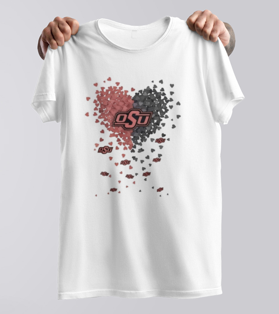 OSU Oklahoma State Cowboys Heart Design Filled With Red And Gray Hearts T-Shirt