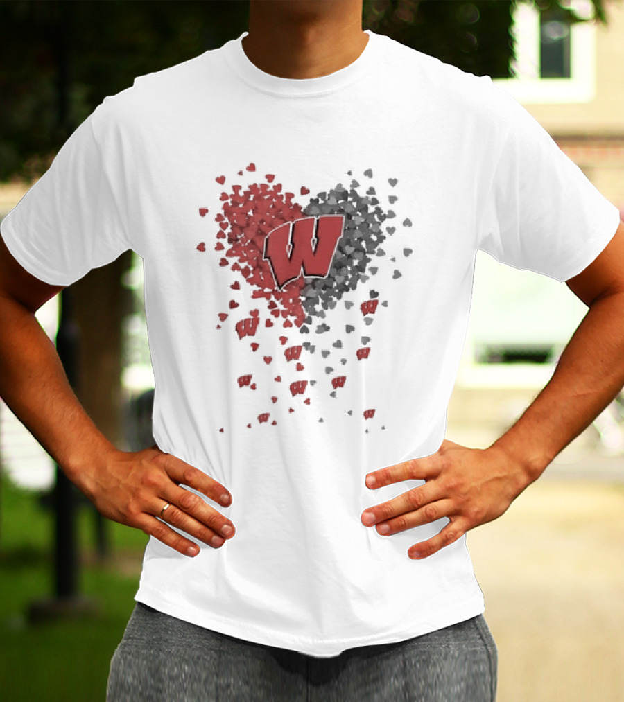 Heart Full Of Wisconsin Badgers Logo With Falling Hearts T-Shirt