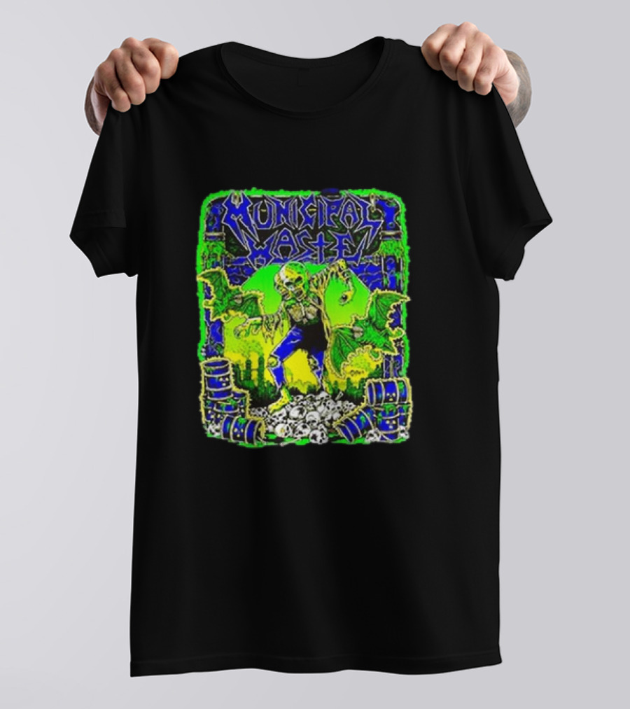 Municipal Waste Radioactive Creature With Toxic Barrels And Green Bats T-Shirt